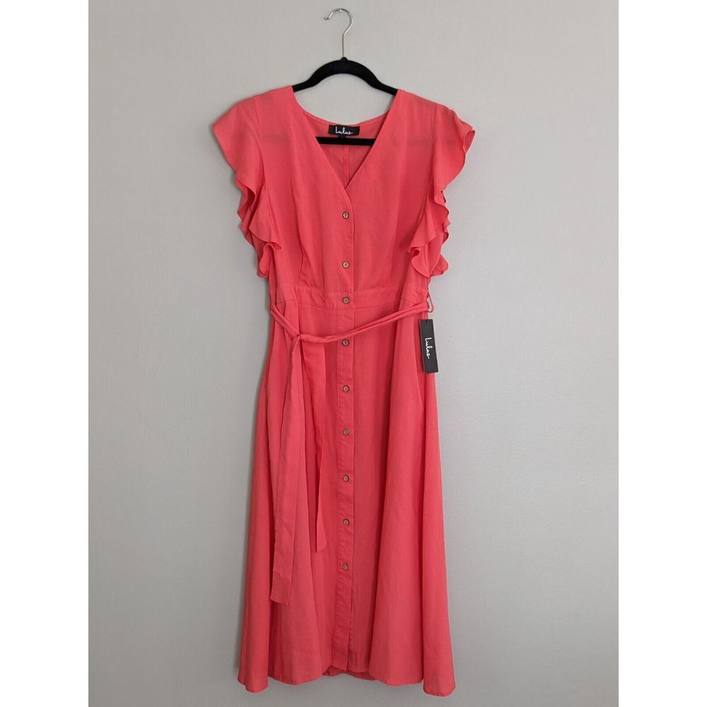 Lulus Capri Coast Coral‎ Pink Button-Front Midi Dress Size 6 NWT